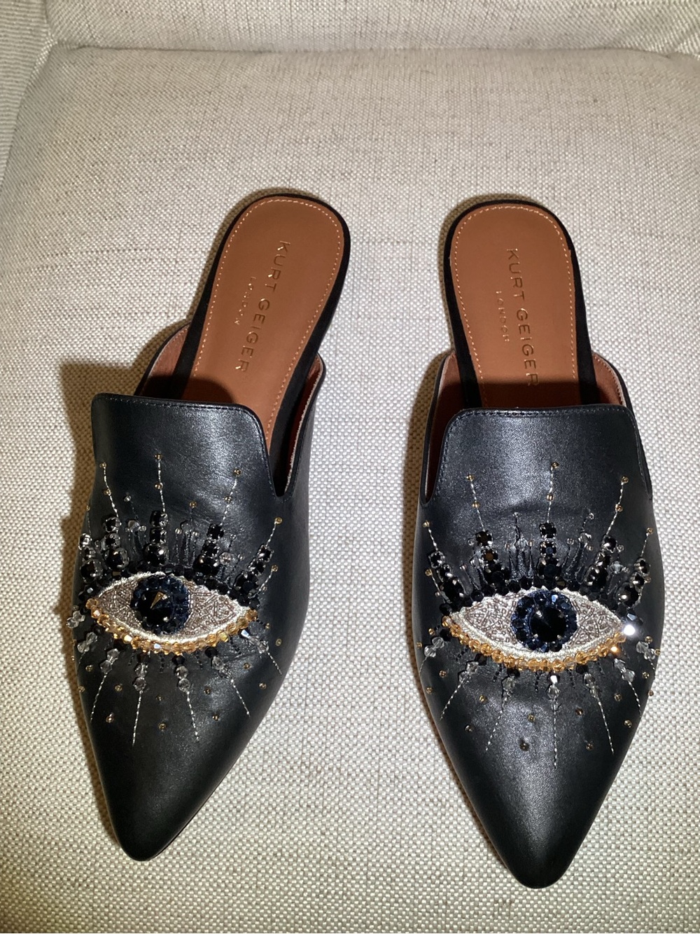 Kurt Geiger olive eye women’s Black Embellished Eye Mule size 10
